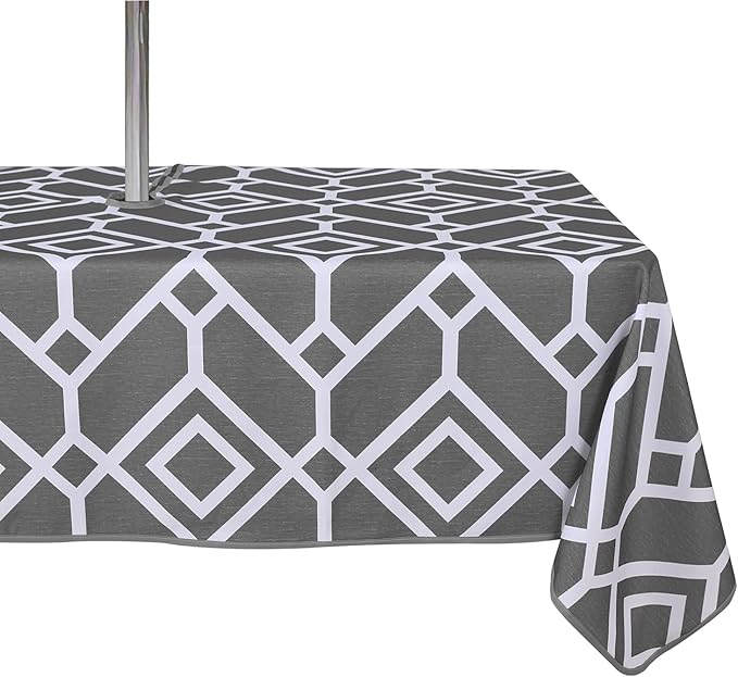 LUSHVIDA Moroccan Outdoor Tablecloth with Umbrella Hole and Zipper, 60 x 84 Inch Grey, Rectangle Waterproof Wrinkle Free Table Cloth Decorative Fabric Washable Table Cover for Patio, Party, Picnic