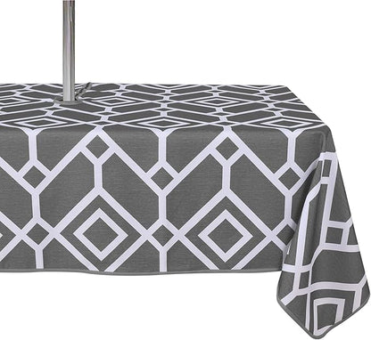 LUSHVIDA Moroccan Outdoor Tablecloth with Umbrella Hole and Zipper, 60 x 84 Inch Grey, Rectangle Waterproof Wrinkle Free Table Cloth Decorative Fabric Washable Table Cover for Patio, Party, Picnic
