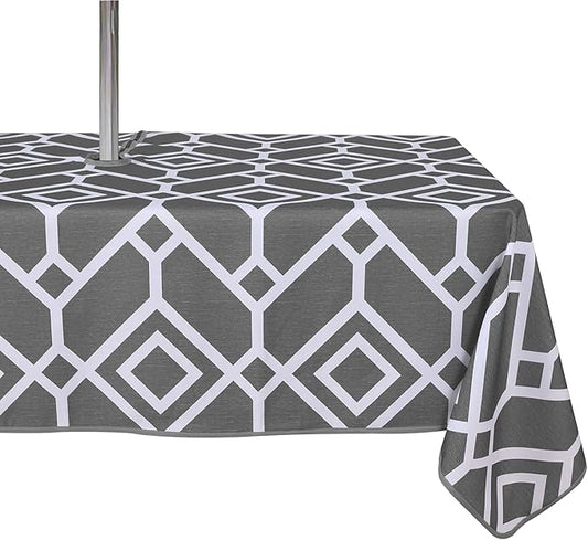 LUSHVIDA Moroccan Outdoor Tablecloth with Umbrella Hole and Zipper, 60 x 84 Inch Grey, Rectangle Waterproof Wrinkle Free Table Cloth Decorative Fabric Washable Table Cover for Patio, Party, Picnic