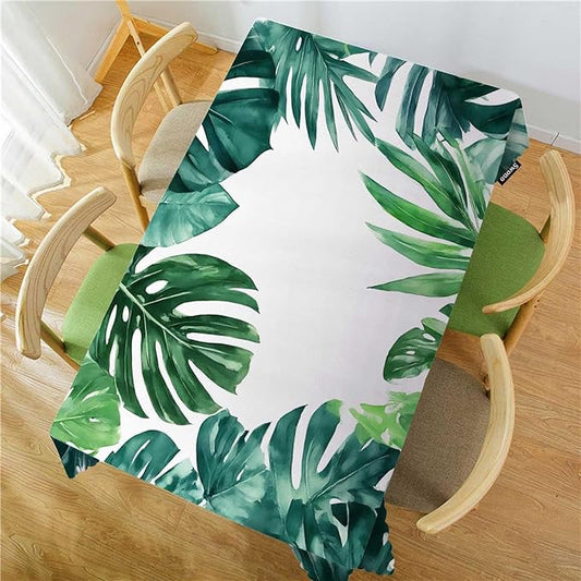 Swono Tropical Leaves Tablecloths Watercolor Palm Leaves Green Kitchen Dinning Tabletop Decoration, Polyester Table Cover for Indoor Outdoor 50x72 Inch Tablecloth