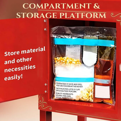 Popcorn Machine with Cart, 6 Oz Kettle, Mobile Popcorn Maker for 32 Cups per Batch, Nostalgia Movie Theater Style, Vintage Bar Style Popcorn Machine with Lockers for Home & Events, Red