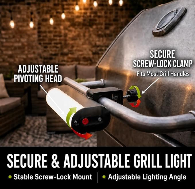 BBQ Grill Light for Outdoor Grill, 200 Lumen LED Clamp Light, Black | LED BBQ Grill Light with 200 Lumens, Clamp Mount and Adjustable Pivot for Outdoor Grilling