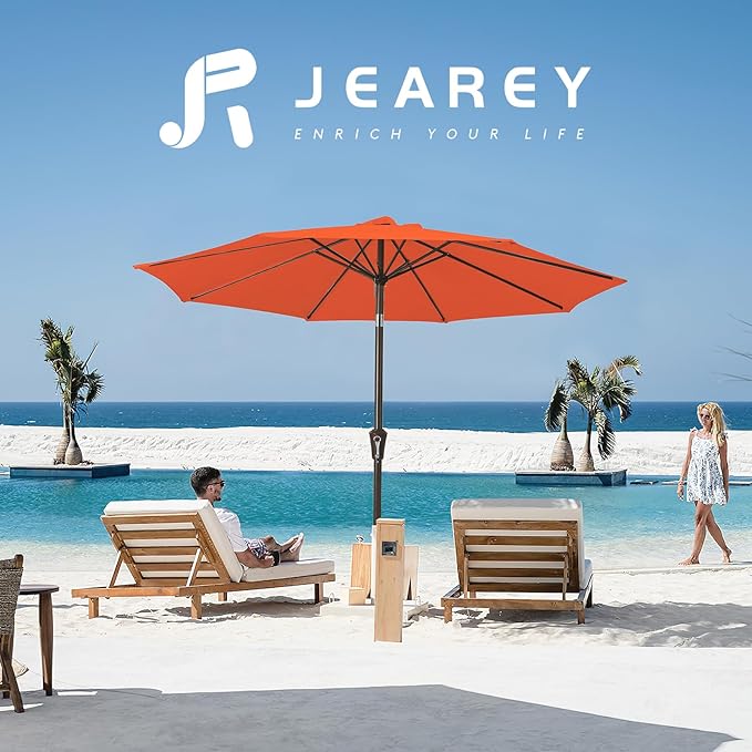 JEAREY Outdoor Patio Umbrella 9FT Outdoor Table Umbrella with Push Button Tilt and Crank, Market Umbrellas 8 Sturdy Ribs UV Protection Waterproof for Garden, Deck, Pool (Red Orange)