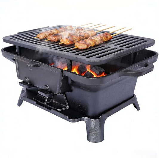 Oval Cast Iron Grill Outdoor, Portable Small Charcoal Grill with Tabletop Cast Iron Skillet, Compact Camping Charcoal Cooker, for Tailgating, Picnics & Hunting (16 * 10.2 * 7.5)