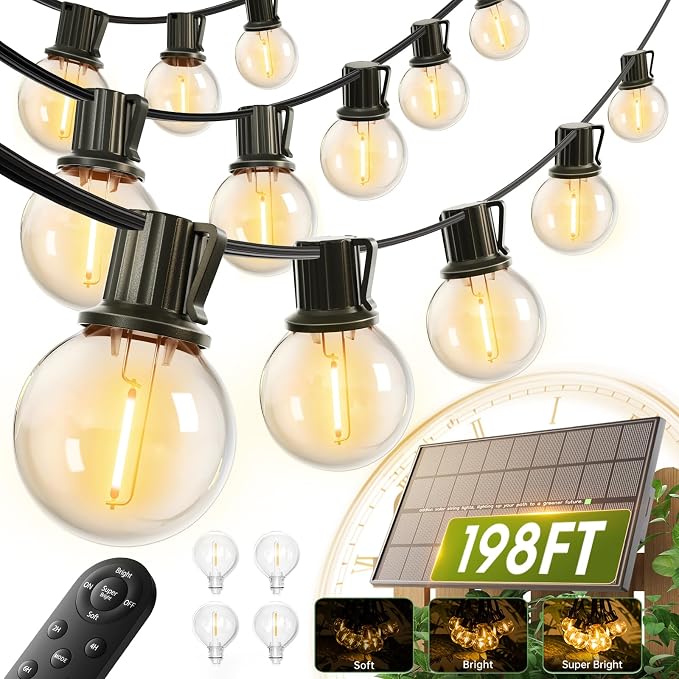 addlon 198FT Solar String Lights Outdoor, Waterproof, USB Charging | Dimmable, 3 Light Modes, Remote, 60+4 LED Bulbs, Easy Install, Ideal for Large Backyard, Garden, Wedding, Party, Camping