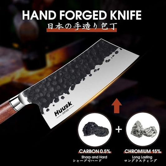 Huusk Cleaver Knife, 7" Japanese Professional Kitchen Knife, High Carbon Steel Sharp Chef Knives for Meat and Vegetable Chopping Knives with Ergonomic Rosewood Handle, Gift Idea for Men and Women