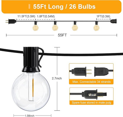 OHLUX Outdoor String Lights, 55FT Shatterproof LED Patio Lights with 26 Dimmable Plastic G40 Bulbs, 2200K Waterproof Connectable Hanging String for Backyard Cafe Porch Deck E12 Base
