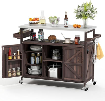 Zevemomo Outdoor Grill Cart with Storage, Lockable Casters, Brown | Stainless Steel Tabletop Outdoor Kitchen Island, Fir Wood Outdoor Buffet Cabinet for Kitchen & Barbecue