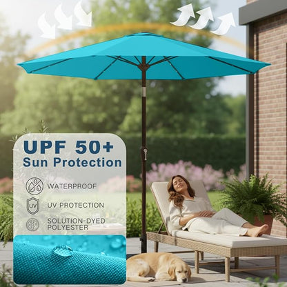 9' Solar LED Patio Umbrella with Tilt & Crank|8 Sturdy Ribs,UV Protection,Outdoor Market Table Umbrella for Deck,Lawn,Pool,Backyard(Light Blue)