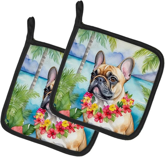 Caroline's Treasures French Bulldog Luau Pair of Pot Holders Kitchen Heat Resistant Pot Holders Sets Oven Hot Pads for Cooking Baking BBQ, 7 1/2 x 7 1/2