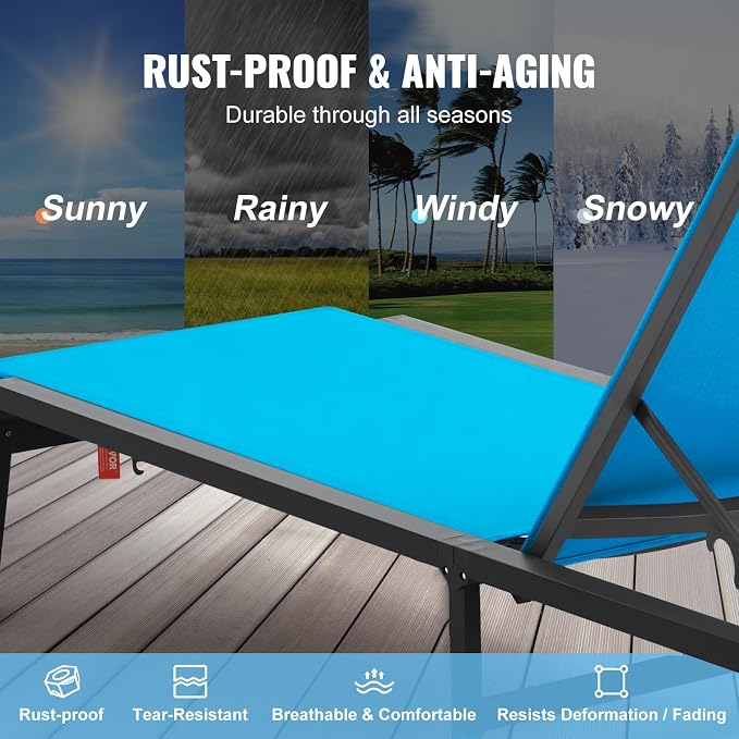 VEVOR Chaise Lounge Chairs Outdoor, Aluminum Patio Lounge Chairs with Adjustable 5-Position, Folding Pool Chair Recliner and Full Flat Tanning Chair for Patio, Beach, Pool, Blue