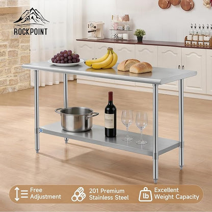 ROCKPOINT All Stainless Steel Table for Perp & Work 24x60 Inch,Commercial Heavy Duty Workbench with Stainless Legs & Adjustable Undershelf, 850 lb Capacity for Restaurant,Home and Outdoor Kitchens