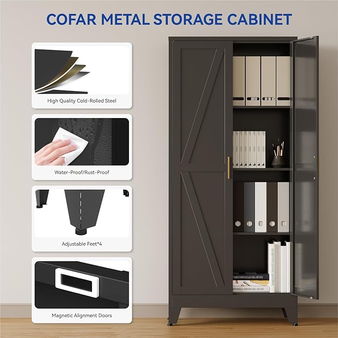 COFaR Metal Pantry Cabinet with Doors, Farmhouse 61'' Tall Storage Cabinet with 3 Adjustable Shelves, Kitchen Pantry Cabinet for Dinning Room, Garage, Laundry, Bathroom, Black 4-Tier