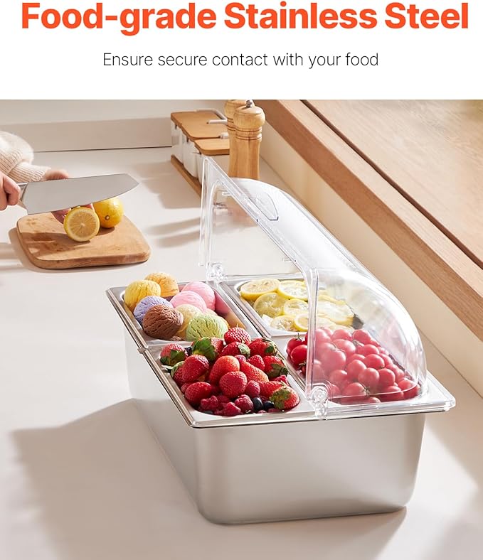 VEVOR Countertop Food Serving Display Container, 4 Pan Stainless Steel Food Serving Tray, Buffet Condiment Dispenser Display Rack with Clear Lid & 3 Freezer Boxes, for Restaurant Hotel Kitchen Party