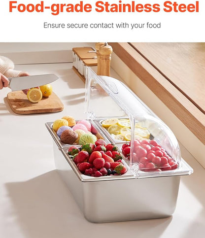 VEVOR Countertop Food Serving Display Container, 4 Pan Stainless Steel Food Serving Tray, Buffet Condiment Dispenser Display Rack with Clear Lid & 3 Freezer Boxes, for Restaurant Hotel Kitchen Party