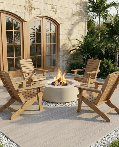 Adjustable Adirondack Chairs Set of 6 with Retractable Ottoman, HDPE Folding Adirondack Chair with Cup Holders, Weather Resistant for Backyard, Poolside & Fire Pit (Teak)