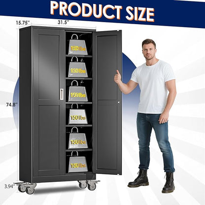 erosoei 75" H Metal Garage Storage Cabinet, Rolling Tool Cabinet with 2 Doors and Wheels, Locker Steel Cabinet with 5 Adjustable Shelves, Organization Cabinet for Garage,Office,Home,Gym,School（Black）