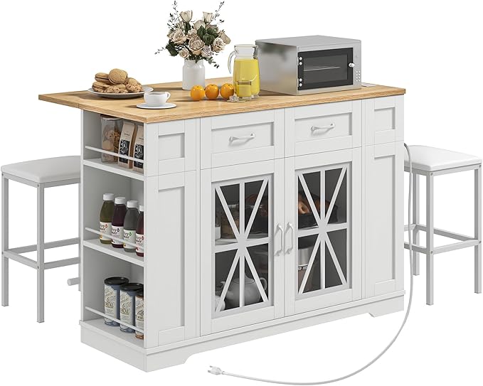 DWVO 3 PCS Kitchen Island with Drop Leaf, Mobile Storage Island with Seating, Rolling Dinning Table Set with 2 Bar Stools & Power Outlet, Bar Kitchen Cart on Wheels, Footrest & Spice Rack, White Oak