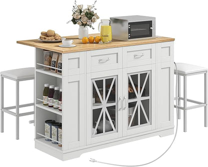 DWVO 3 PCS Kitchen Island with Drop Leaf, Mobile Storage Island with Seating, Rolling Dinning Table Set with 2 Bar Stools & Power Outlet, Bar Kitchen Cart on Wheels, Footrest & Spice Rack, White Oak
