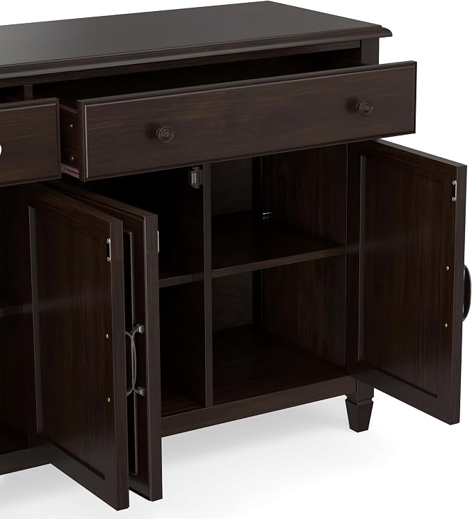 SIMPLIHOME Connaught 67" Sideboard Cabinet in Dark Chestnut Brown | Traditional 4-door dining room buffet with 2 drawers and adjustable shelves for organized kitchen or living room storage.