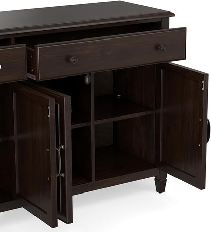 SIMPLIHOME Connaught 67" Sideboard Cabinet in Dark Chestnut Brown | Traditional 4-door dining room buffet with 2 drawers and adjustable shelves for organized kitchen or living room storage.