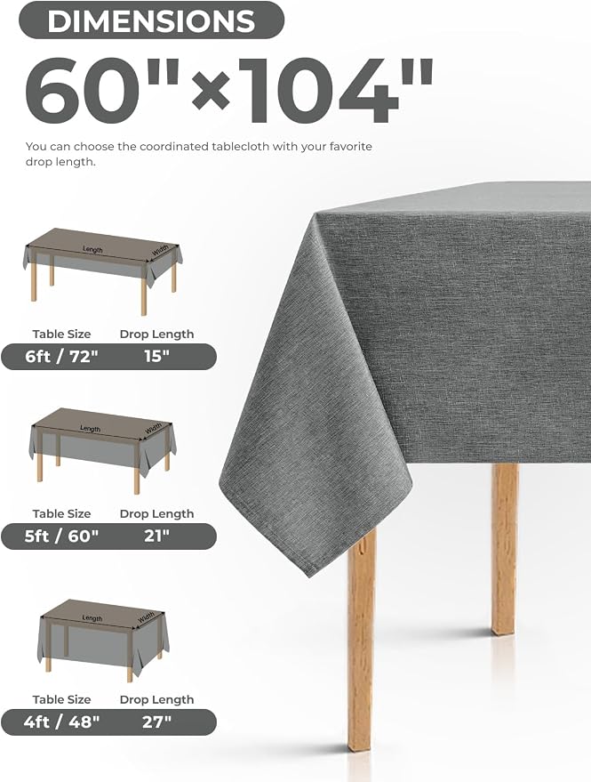 Decorelia Faux Linen Farmhouse Table Cloth 60"x104" for 6 ft Rectangle Table, Dark Grey Waterproof Outdoor Washable Cloth Tablecloth for Rectangular Dining Room Kitchen Outdoor Party Restaurant Table