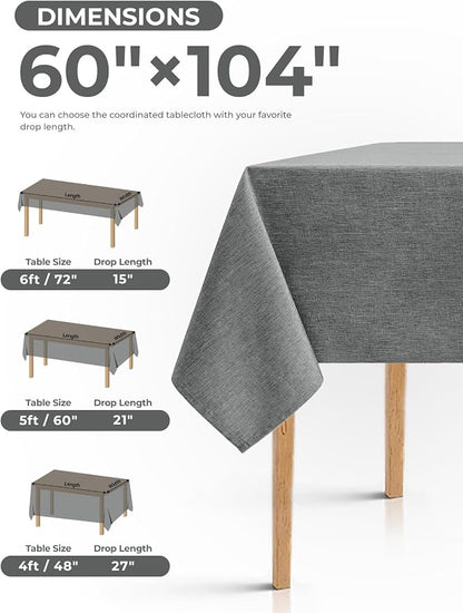 Decorelia Faux Linen Farmhouse Table Cloth 60"x104" for 6 ft Rectangle Table, Dark Grey Waterproof Outdoor Washable Cloth Tablecloth for Rectangular Dining Room Kitchen Outdoor Party Restaurant Table