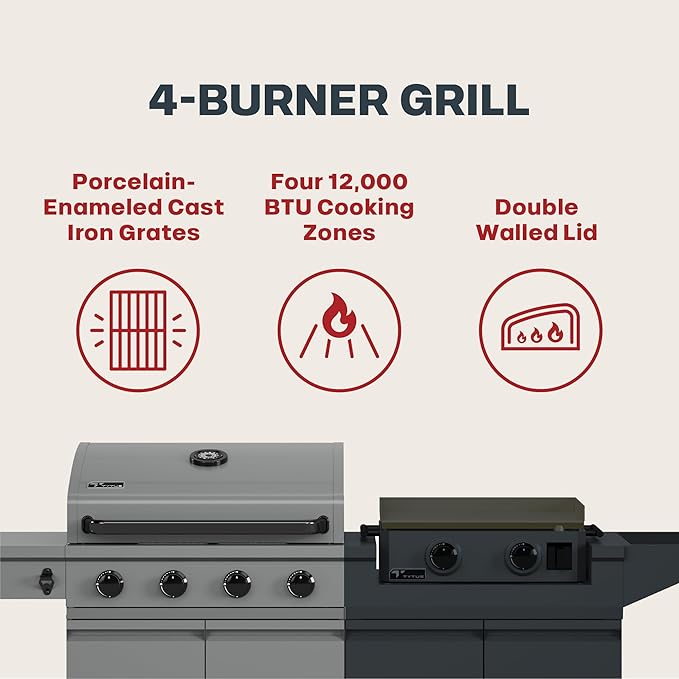 Tytus Anaheim 4-Burner Gas Grill with Prep Cart and Gas Griddle + Cover, Light, Baking Stone - Modular Outdoor Kitchen, Quick Assembly, Outdoor Cooking, Kitchen Island for BBQ