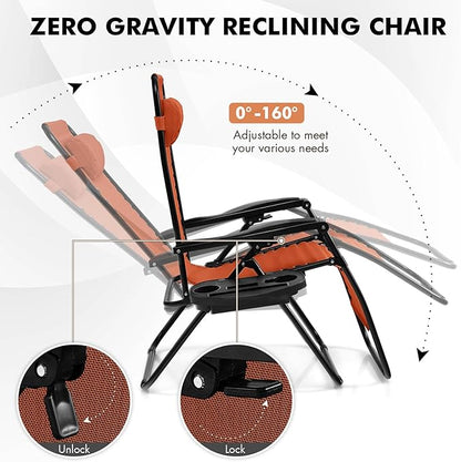 Giantex Zero Gravity Reclining Chair, Outdoor Patio Recliner with Cup Holder & Removable Pillow, Adjustable Backrest, Indoor Lounge Chair for Backyard, Garden, Poolside (Orange)