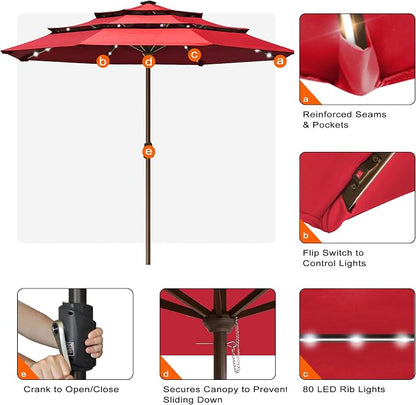 EliteShade USA 10-Year-Non-Fading 10ft 3-Tier Market Patio Umbrella, Commercial Table Umbrella with 80 Solar LED Lights, Crank Open, Windproof & UPF 50+ UV Protection for Garden, Deck, Pool, Backyard, No Tilt, Logo Red