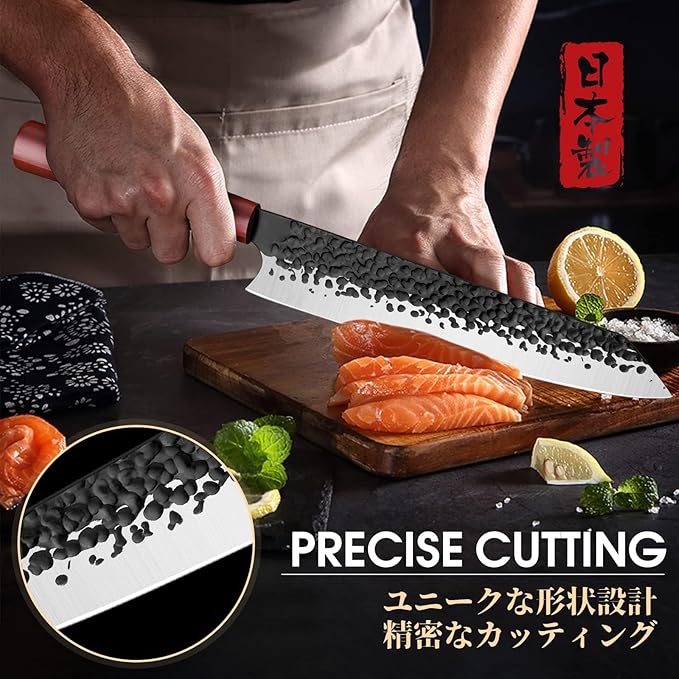 Huusk Japanese Kiritsuke Chef Knife - 8 Inch Kitchen Knives with Gift Box, Hand Forged High Carbon Steel Gyuto Knife, Ergonomic Wood Handle, Multipurpose Meat & Fish Cleaver, Ideal Cooking Gift
