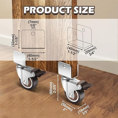Nefish 2 Inch Caster Wheels with 3/4” (20 mm) U Bracket, Small Rubber Casters Set of 4 with Brake, 360 Degree Ball Bearing Plate Swivel Castors Wheels, Crib Caster Wheels for Dresser, Cabinet, Desk
