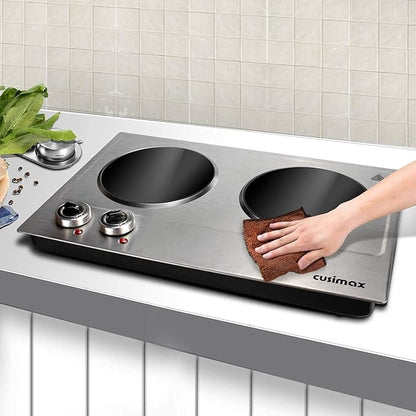 CUSIMAX 1800W Ceramic Electric Hot Plate for Cooking, Double Burner, Silver | Dual Control Infrared Cooktop, Portable Countertop Burner, Glass Plate Electric Cooktop, Stainless Steel