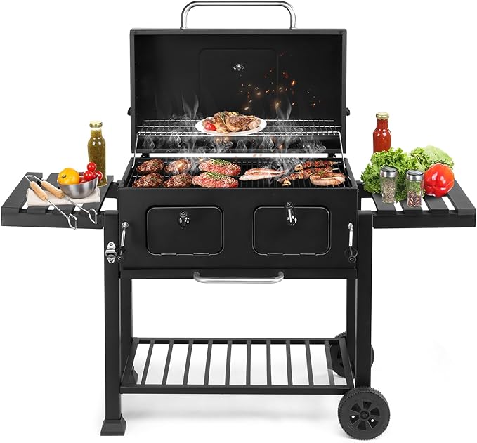 Outdoor Charcoal BBQ Grill with Oversize Cooking Area, Outdoor Cooking Grill with 2 Individual Lifting Charcoal Trays and 2 Foldable Side Tables
