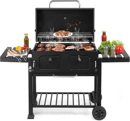 61.5in Outdoor BBQ Grill,Large Camping Barbecue Grill,Outdoor Cooking Charcoal Grills,Portable Vertical BBQ Grills,with Foldable Side Tables & Wheels,for Garden Patio Beach Backyard (Black)