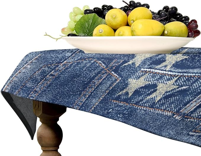 Denim Patchwork Style Tablecloth, Fashionable Blue Denim Jean Pocket Design Water Resistant Wipeable Table Cover for Farmhouse Picnic Party Holiday Kitchen Dinner Table 60"x90"