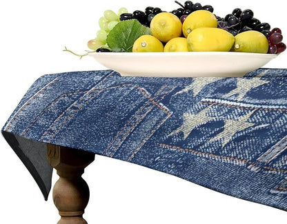Denim Patchwork Style Tablecloth, Fashionable Blue Denim Jean Pocket Design Water Resistant Wipeable Table Cover for Farmhouse Picnic Party Holiday Kitchen Dinner Table 60"x90"