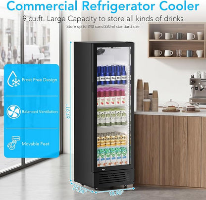 Electactic Commercial Beverage Refrigerator, 9 Cu. Ft. Drink Fridge, Display Refrigerator with Glass Door & 4 Adjustable Shelves,for Shops,Restaurants,Bars