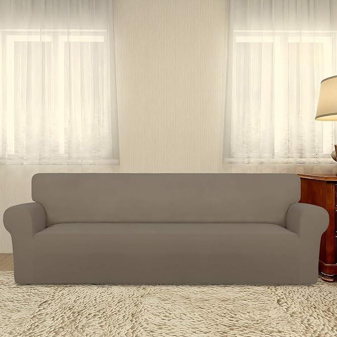PureFit Stretch Couch Covers for Sofa 4 Seater Slipcovers Natural | 1-Piece Sofa Cover Washable Soft Couch protector, Couch Slipcover with Non Skid Foam and Elastic Bottom for Kids, Dogs