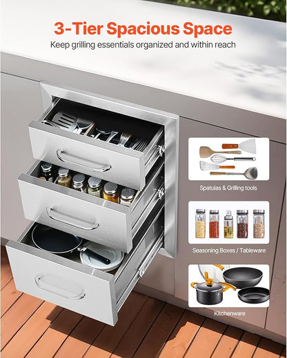VEVOR 14x20.3 Inch Outdoor Kitchen Drawers Stainless Steel, Flush Mount Triple Drawers, 14W x 20.3H x 23D Inch, with Stainless Steel Handle, Outdoor Kitchens or BBQ Island