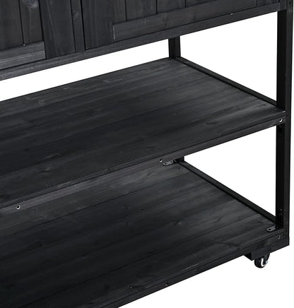 GDFStudio Elshire Patio Kitchen Island Cart with Storage, Wooden Outdoor Storage Cabinet with Stainless Steel BBQ Prep Table Top, Drawers, Raised Shelf and Lockable Wheels, Garden Potting Bench, Black