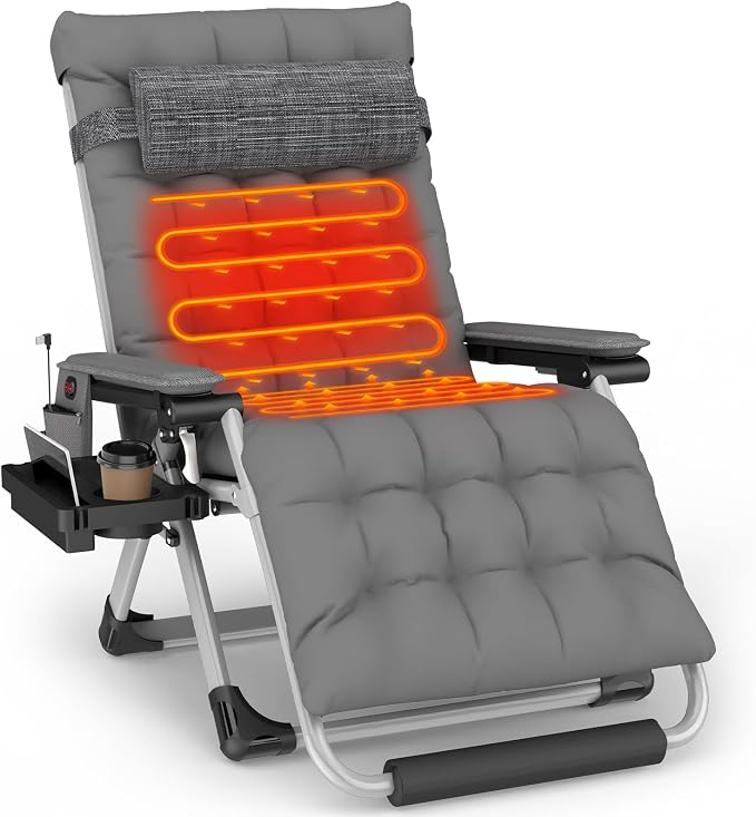 Slendor Heated Oversized Zero Gravity Chairs 33In, XXL Lounge Chair, Gray | Anti Gravity Recliner with 3 Heat Levels for Back & Seat, Headrest & Cup Holder, Folding, Supports 500lbs, (Battery Not)