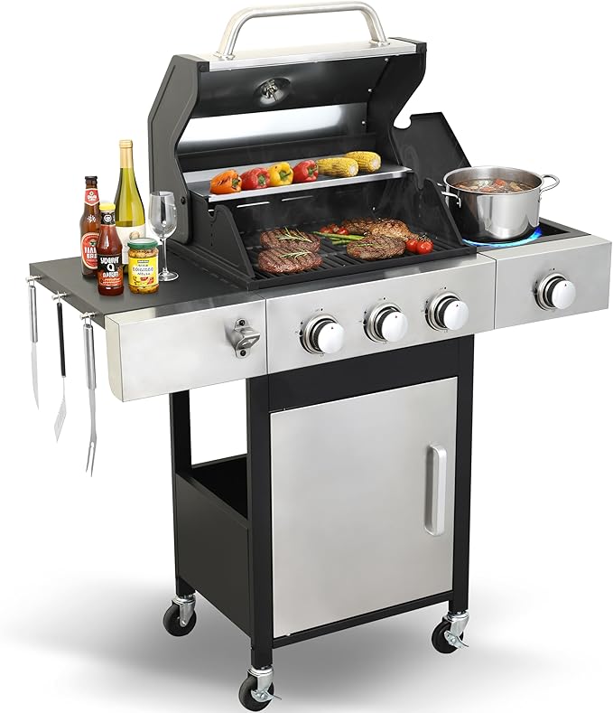 3-Burner Propane Gas Grill for Backyard - 39,000 BTU BBQ with Side Burner, Porcelain Cast Iron Grates, Stainless Steel Outdoor Grill for Camping & Tailgating, Fast Heating