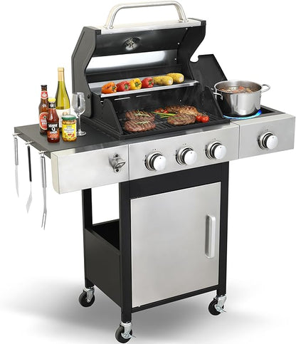 3-Burner Propane Gas Grill for Backyard - 39,000 BTU BBQ with Side Burner, Porcelain Cast Iron Grates, Stainless Steel Outdoor Grill for Camping & Tailgating, Fast Heating