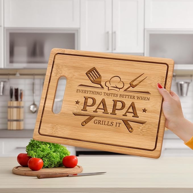 Papa Gifts, 11x8.5inch Engraved Bamboo Cutting Board, Christmas Fathers Day Birthday Gifts for Papa from Grandkids Daughter Son, Present for Father Daddy Dad