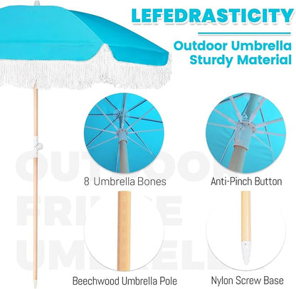 Lefedrasticity Boho Outdoor Umbrella with Tassels,6ft Table Umbrella Outdoor Patio with Knobs Tilt,Wind Resistant Portable Beach Umbrella UPF50+ Fringe Umbrellas For Pool Backyard Deck Garden