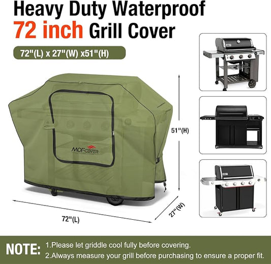Exclusive Foldable 72 inch Grill Cover, 600D Heavy Duty Large Outdoor BBQ Cover for 6 Burners Grill Weber Nexgrill CharBroil Monument, Green
