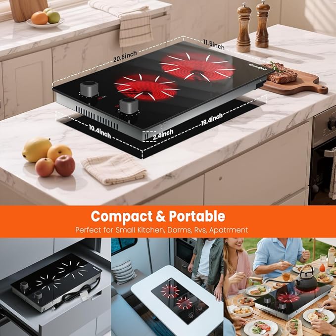 2 Burner Electric Cooktop - 12 Inch 2000W Electric Stove Built-in & Countertop, Two Burner Ceramic Cooktop with Knob Control, 9 Power Level, Over Heat Protection, 110-120V Plug in (Grey Konb)