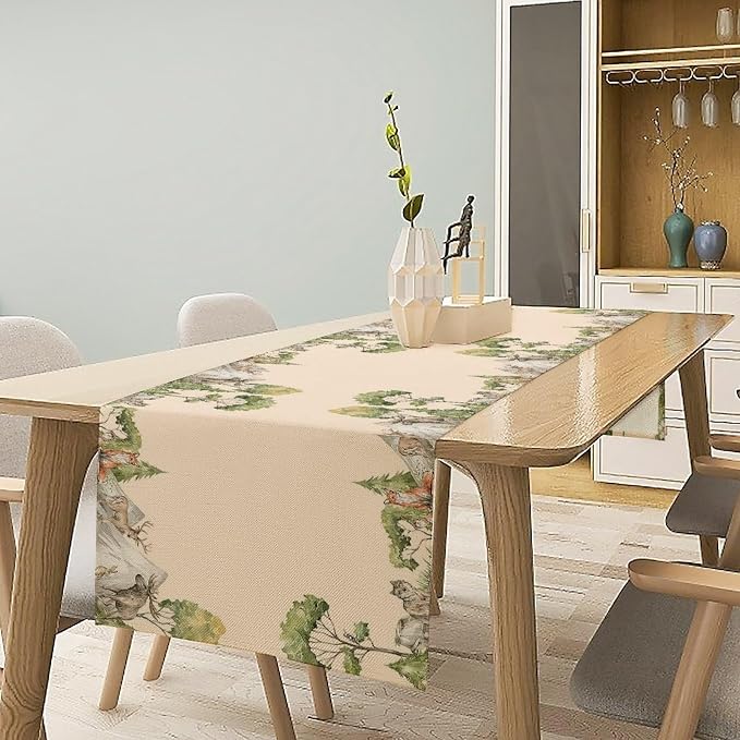 Winter Forest Reindeer Pine Tree Table Runner, Christmas Elk Watercolor Sparrow Home Kitchen Dining Table Decoration for Home Party Decor 13x70 Inch