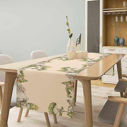 Winter Forest Reindeer Pine Tree Table Runner, Christmas Elk Watercolor Sparrow Home Kitchen Dining Table Decoration for Home Party Decor 13x90 Inch